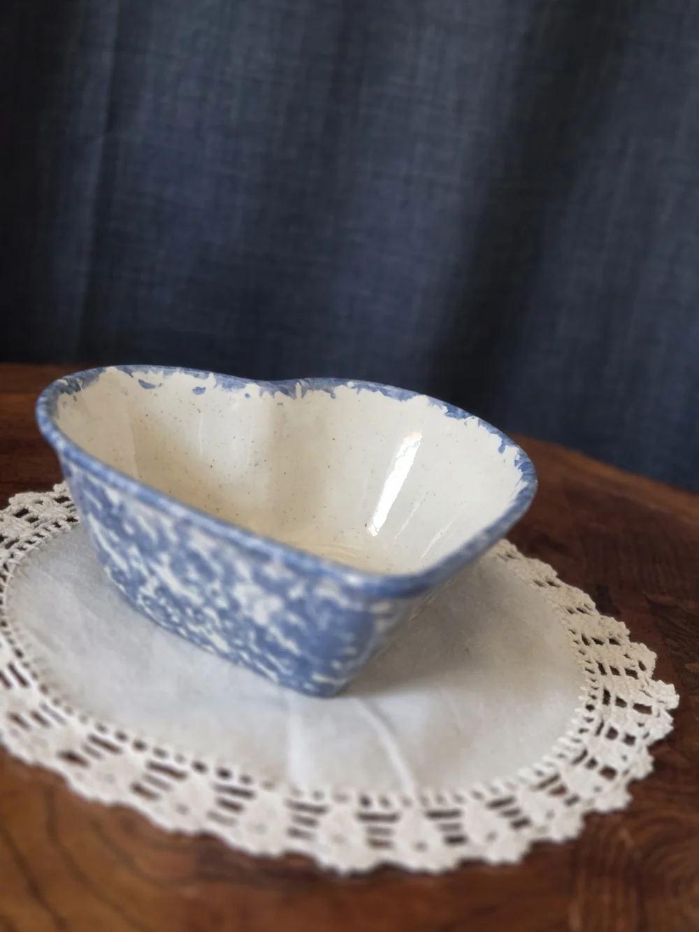 Blue Spongeware Style Heart Pottery Bowl | Primitive Country Farmhouse Decor